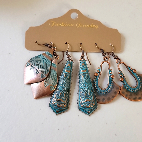 None Jewelry - Boho Dangle Fashion Jewelry 3 Pair Turquoise Blue Color Fish Hook 3 Inch Drop